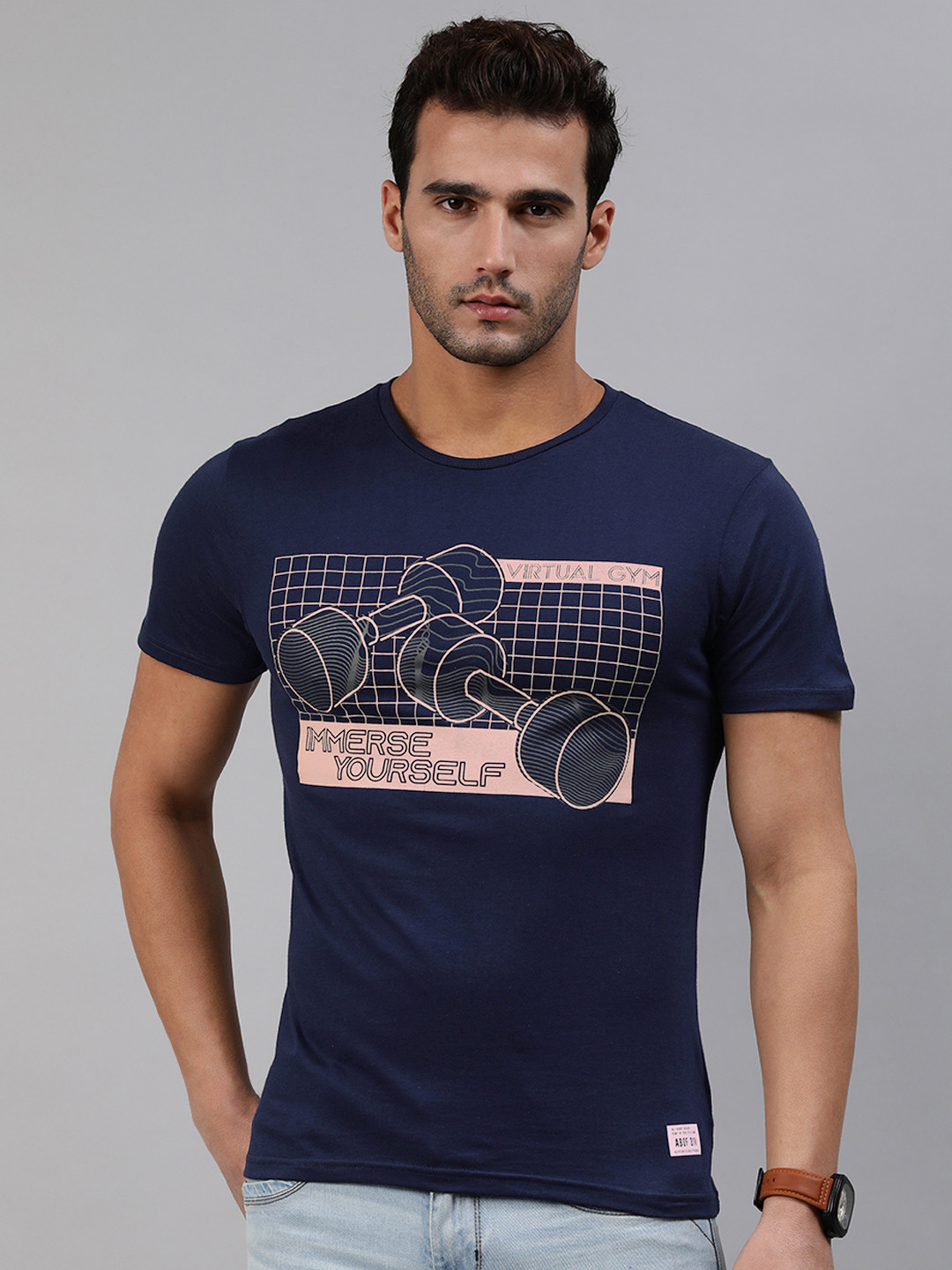

abof Men Dark Blue Printed Slim Fit Pure Cotton T-shirt