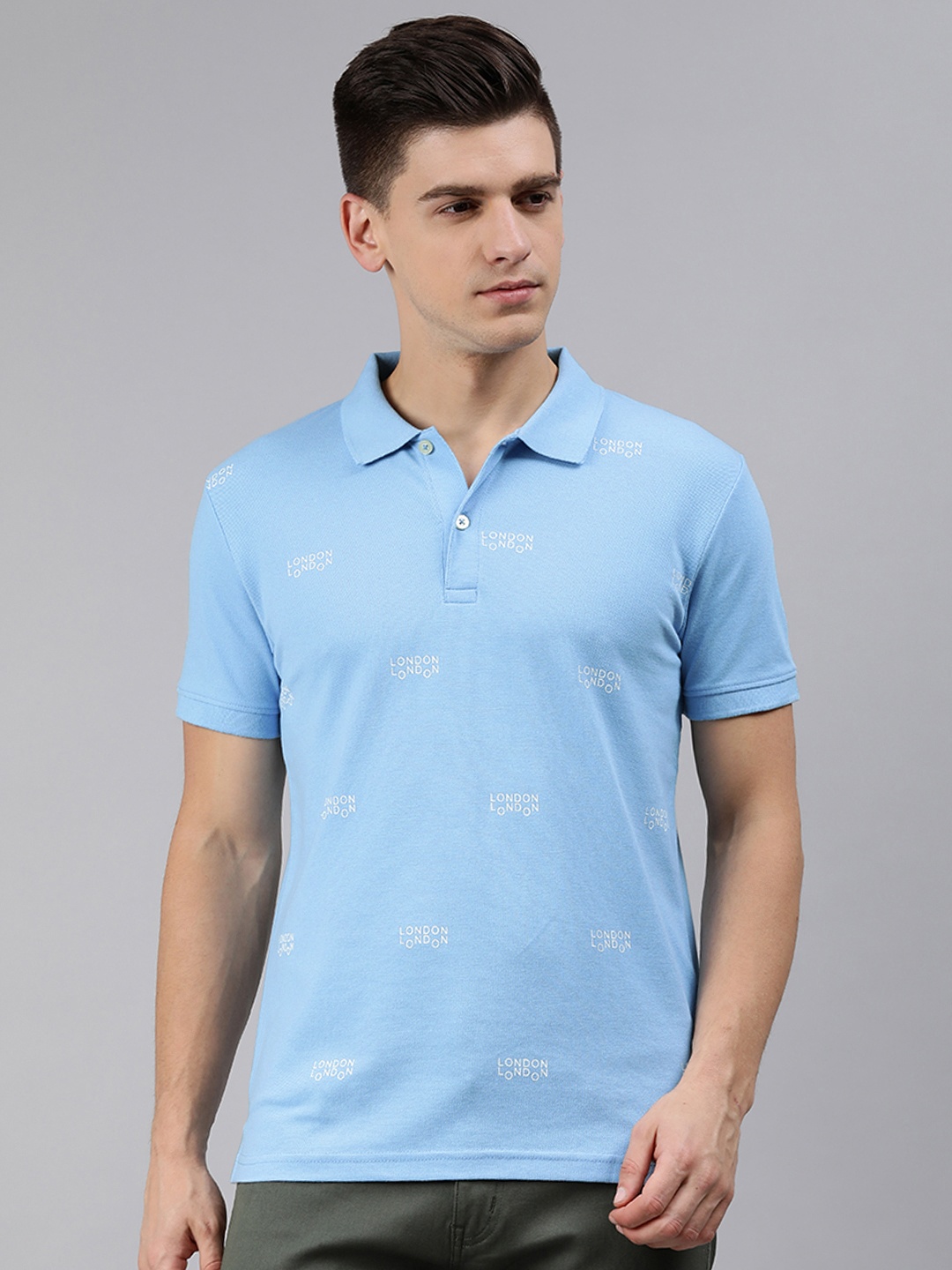 

abof Men Blue Typography Printed Polo Collar T-shirt