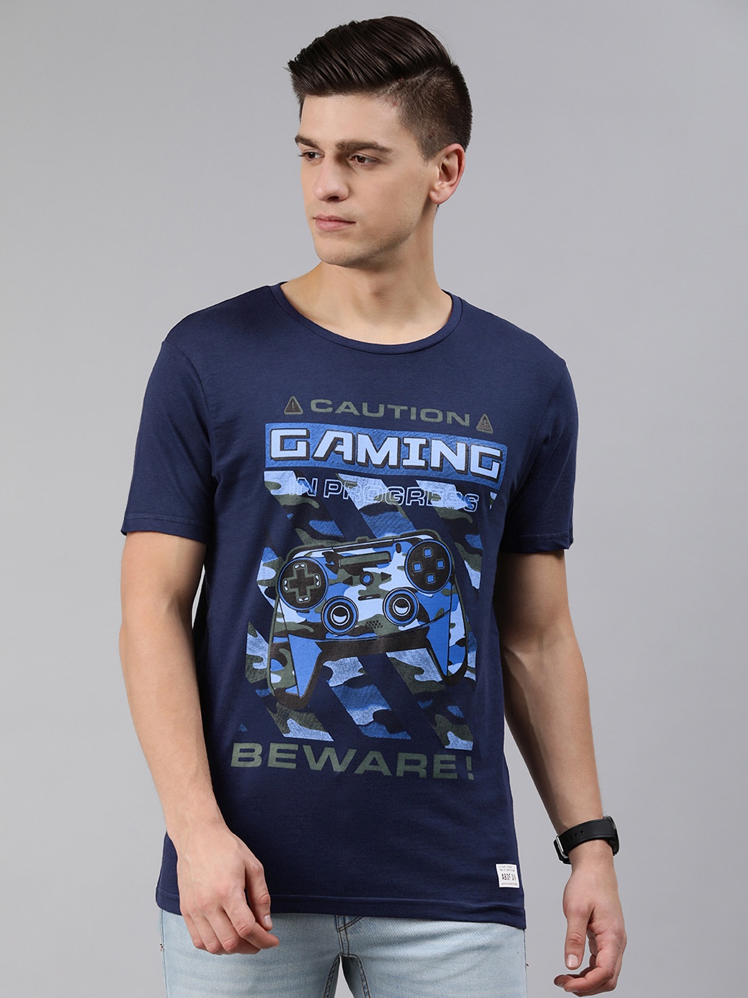 

abof Men Navy Blue Blue Printed Pure Cotton T-shirt