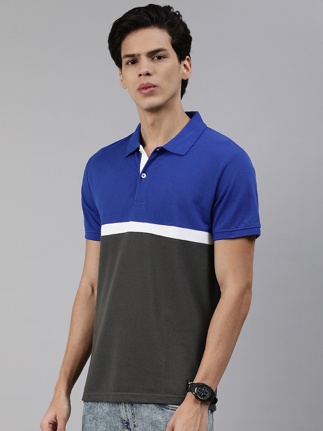 

abof Men Blue & Charcoal Grey Colourblocked Polo Collar T-shirt