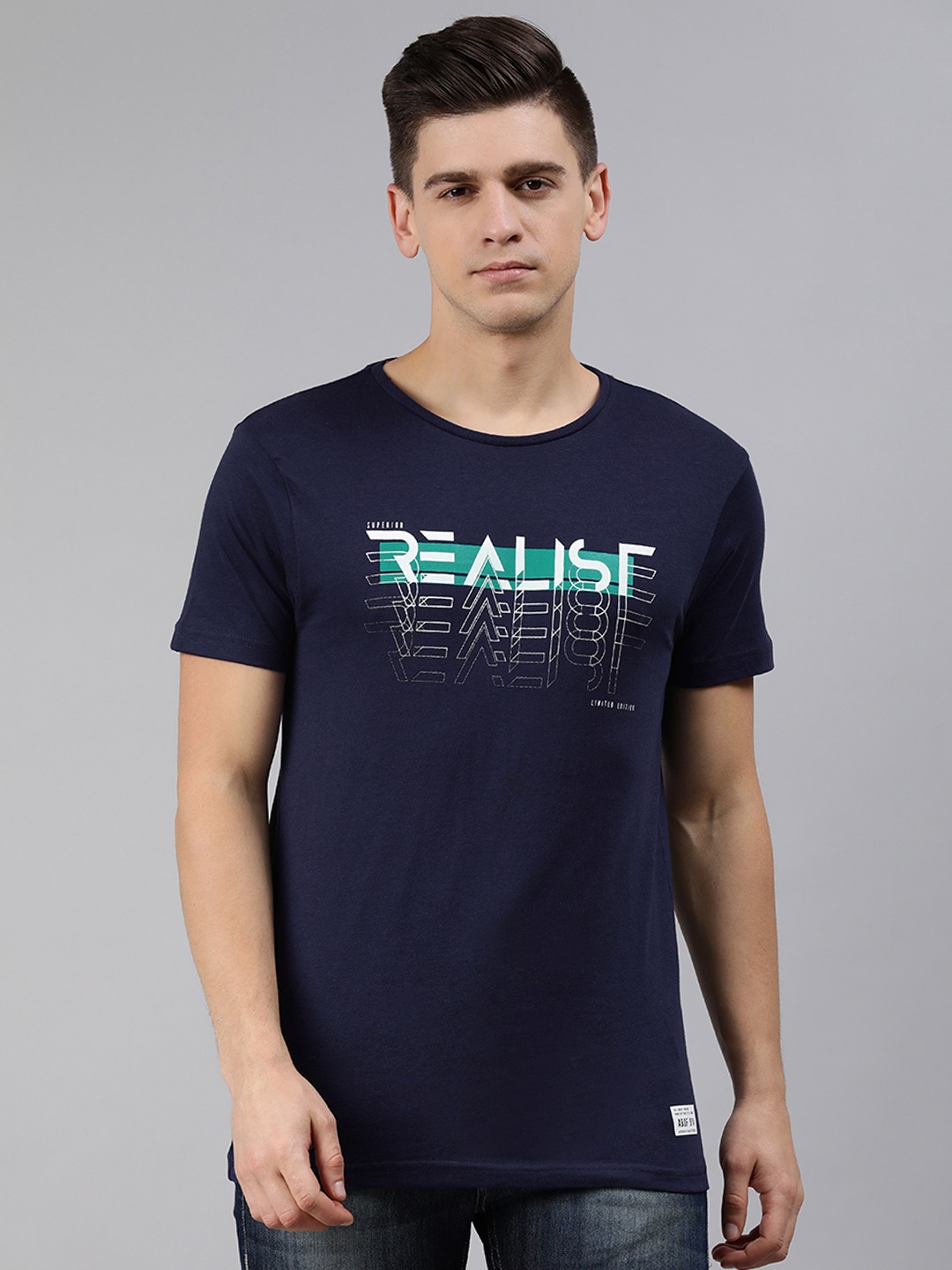 

abof Men Navy Blue Typography Printed Slim Fit Pure Cotton T-shirt