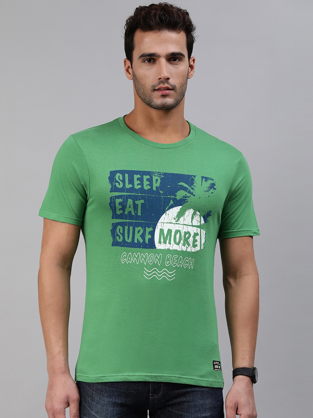 

abof Men Green Typography Printed Round Neck Pure Cotton T-shirt