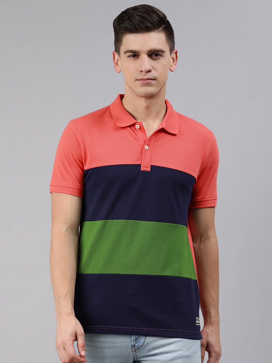 

abof Men Coral Pink & Navy Blue Colourblocked Polo Collar T-shirt