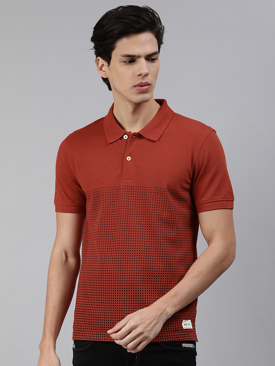 

abof Men Rust Red Printed Polo Collar T-shirt