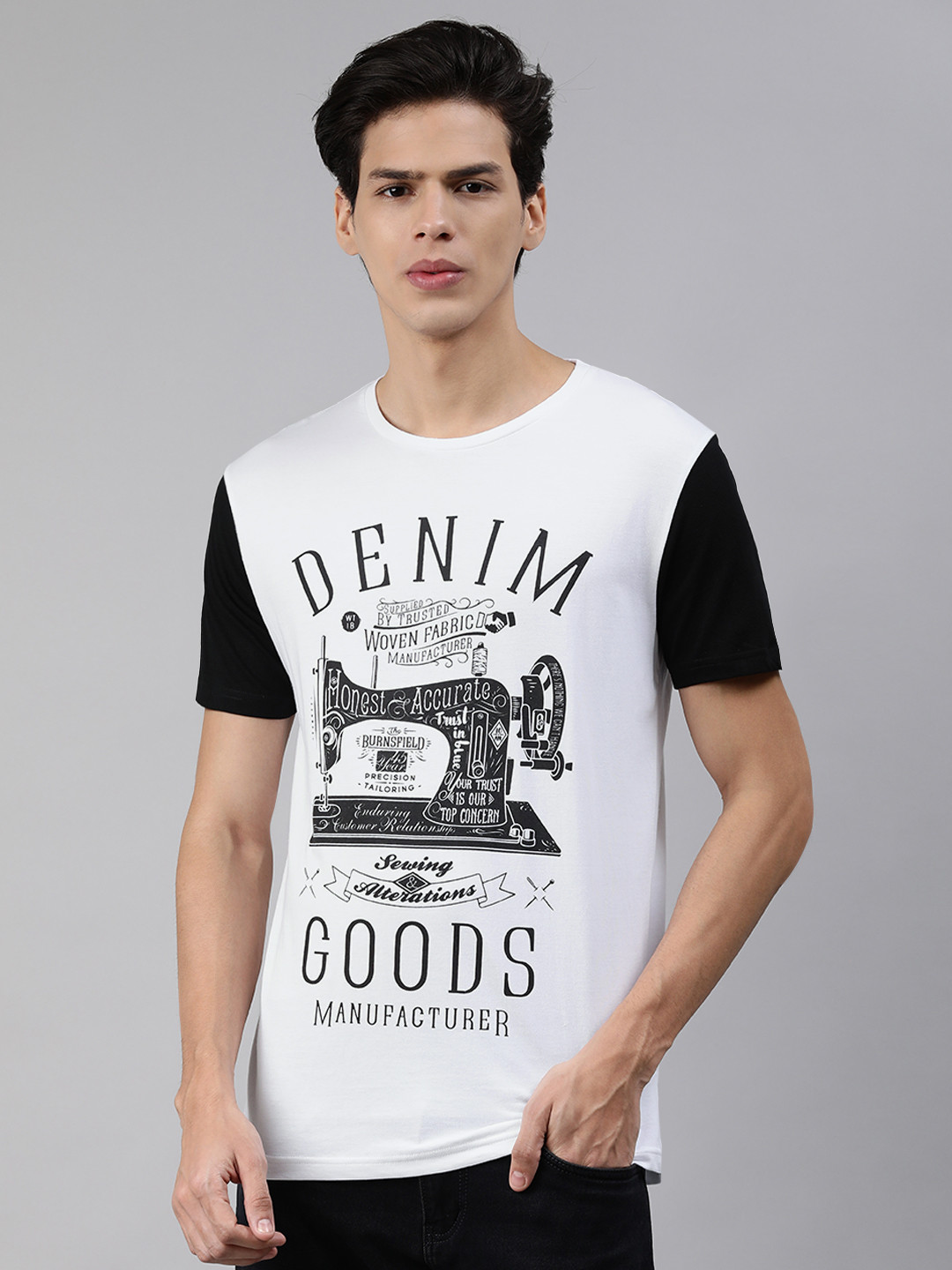 

abof Men White & Black Typography Printed Contrast Sleeves T-shirt