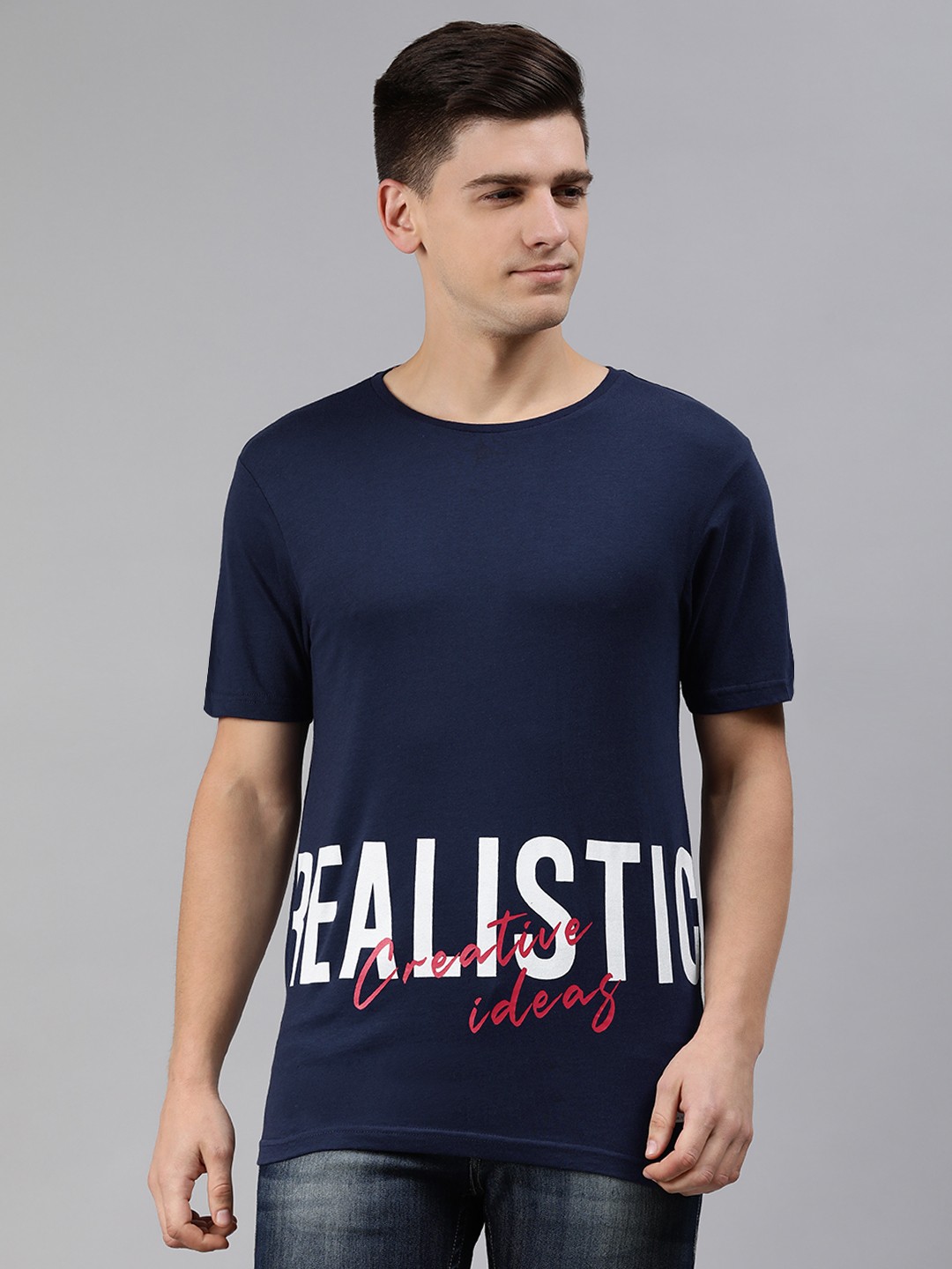 

abof Men Navy Blue White Printed Pure Cotton T-shirt