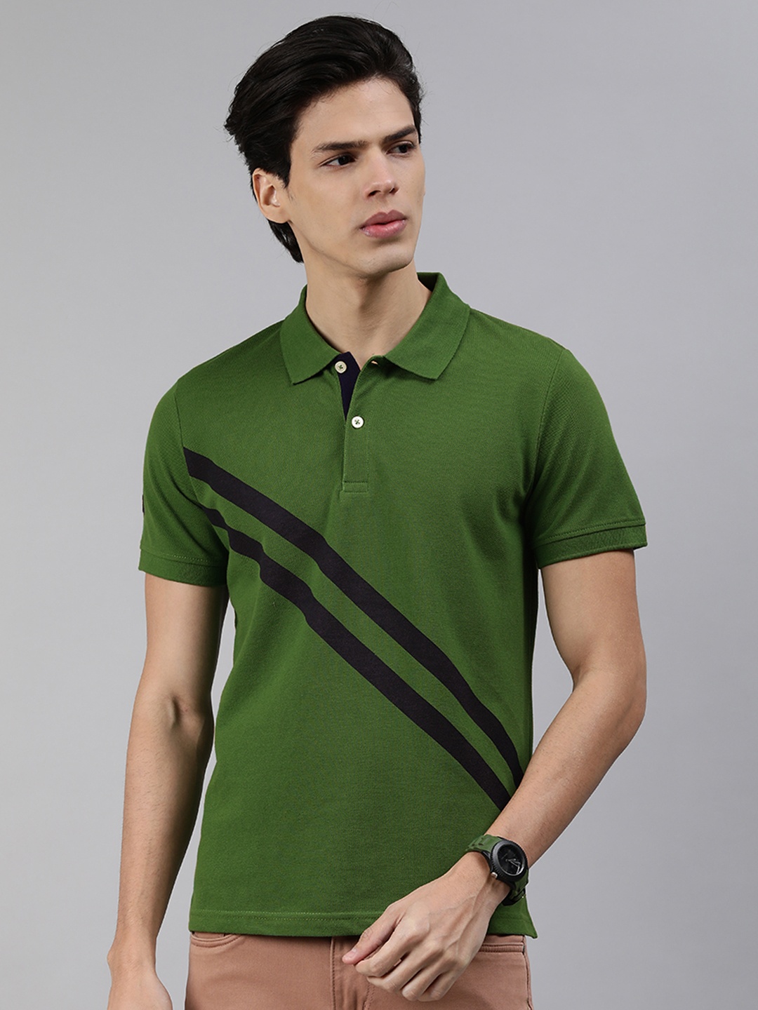 

abof Men Green & Navy Blue Striped Polo Collar T-shirt