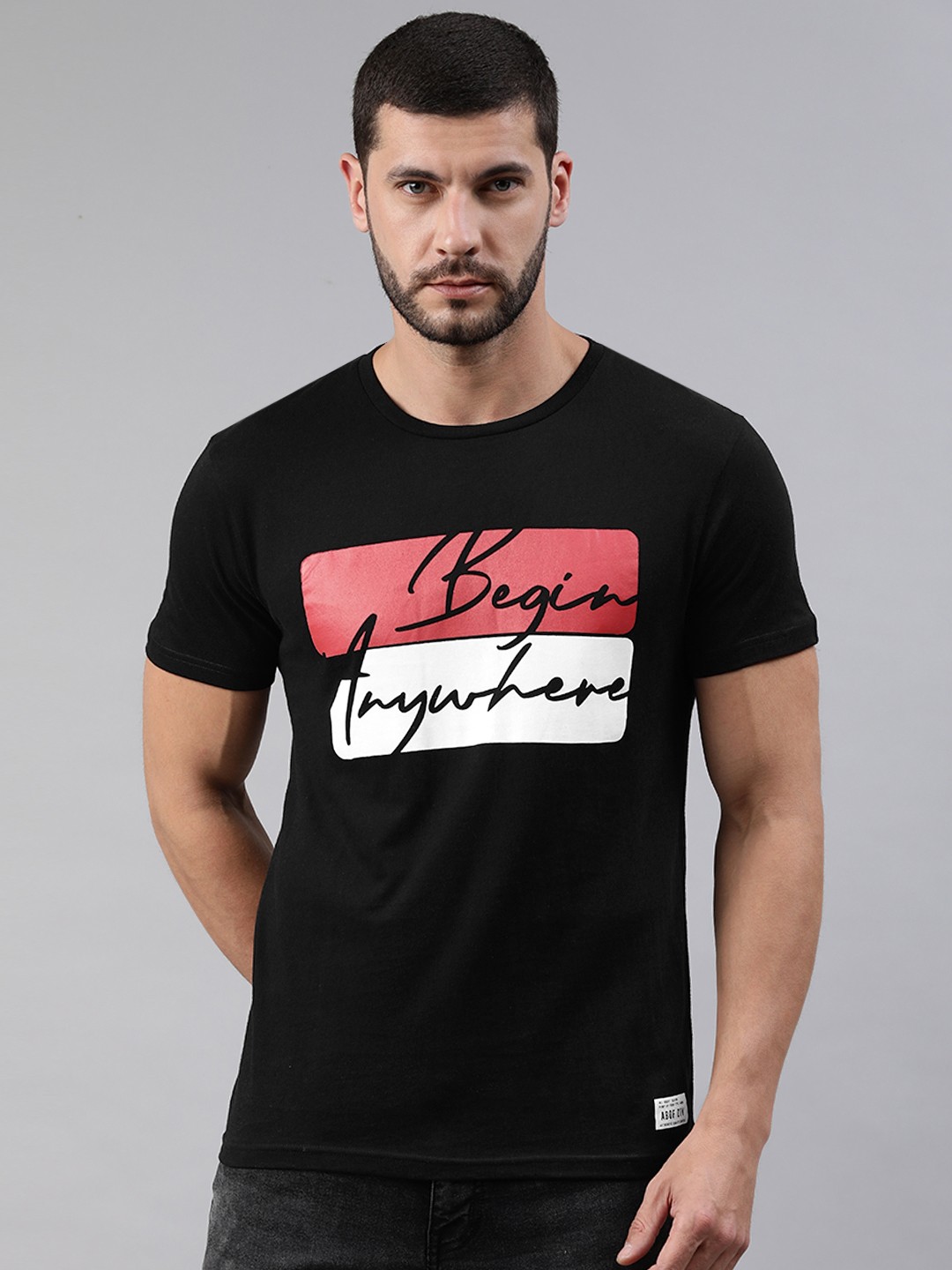 

abof Men Black Typography Printed T-shirt