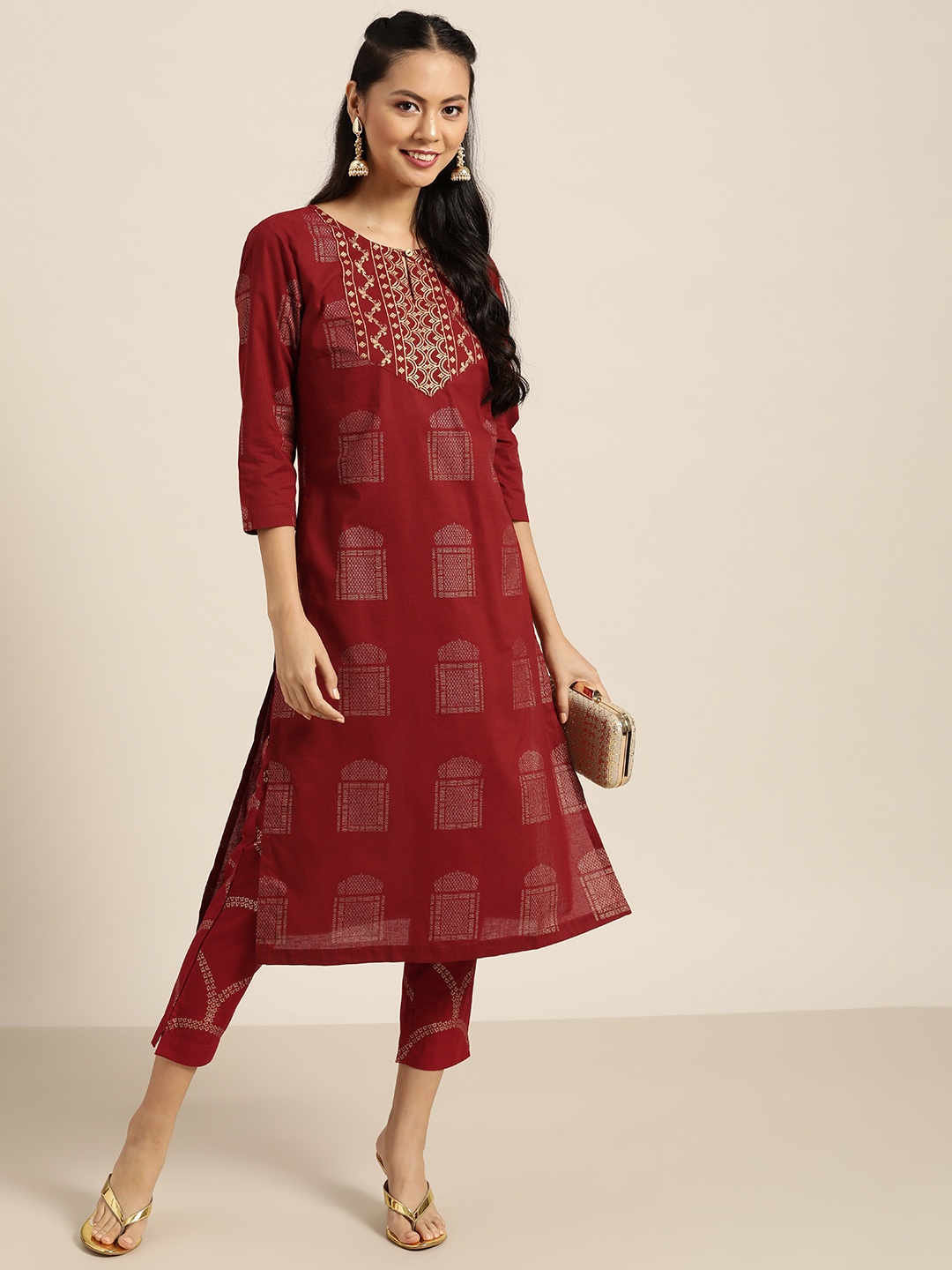 

Sangria Women Maroon & Golden Ethnic Motifs Printed Pure Cotton Kurta with Trousers