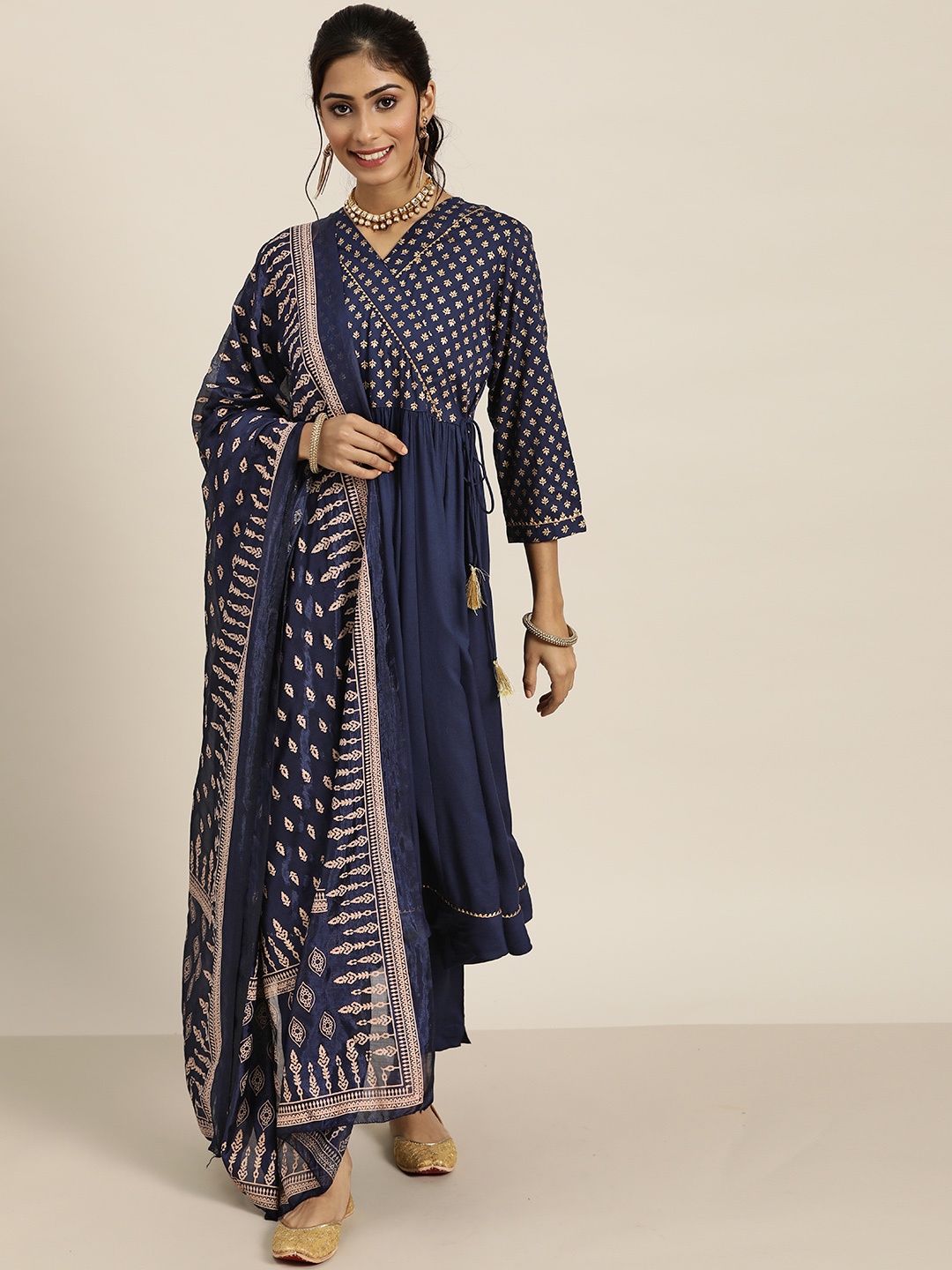 

Sangria Women Navy Blue & Golden Ethnic Motifs Printed Kurta with Trousers & Dupatta