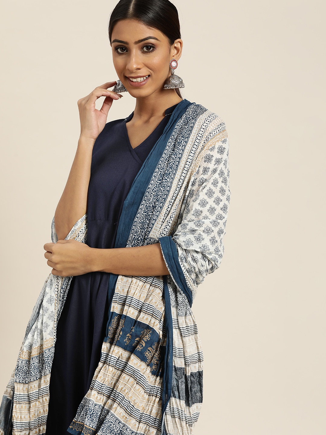 

Sangria Women Navy Blue Solid Angrakha Kurta with Trousers & Dupatta