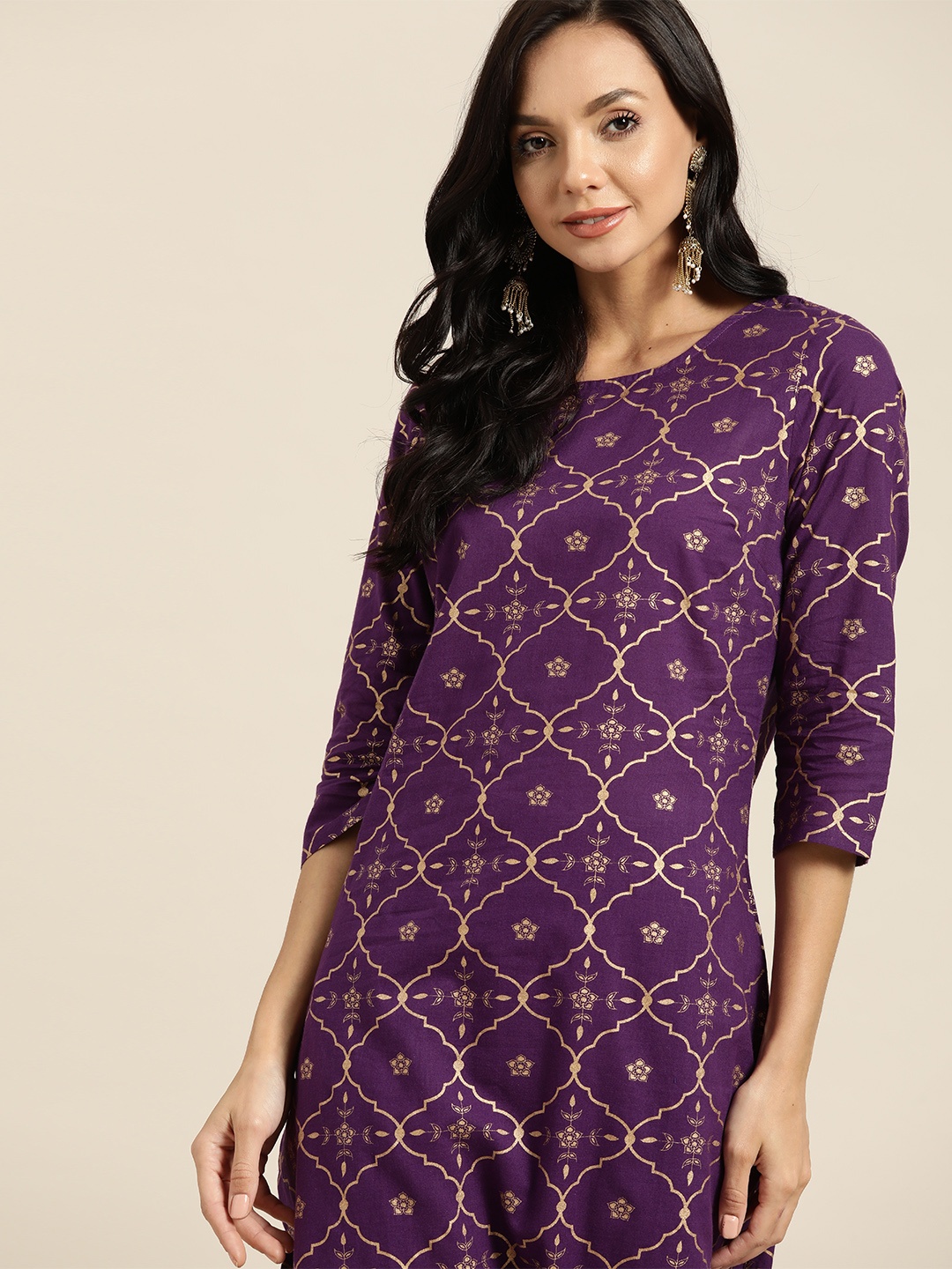 

Sangria Women Purple & Golden Printed Pure Cotton Kurta with Trousers