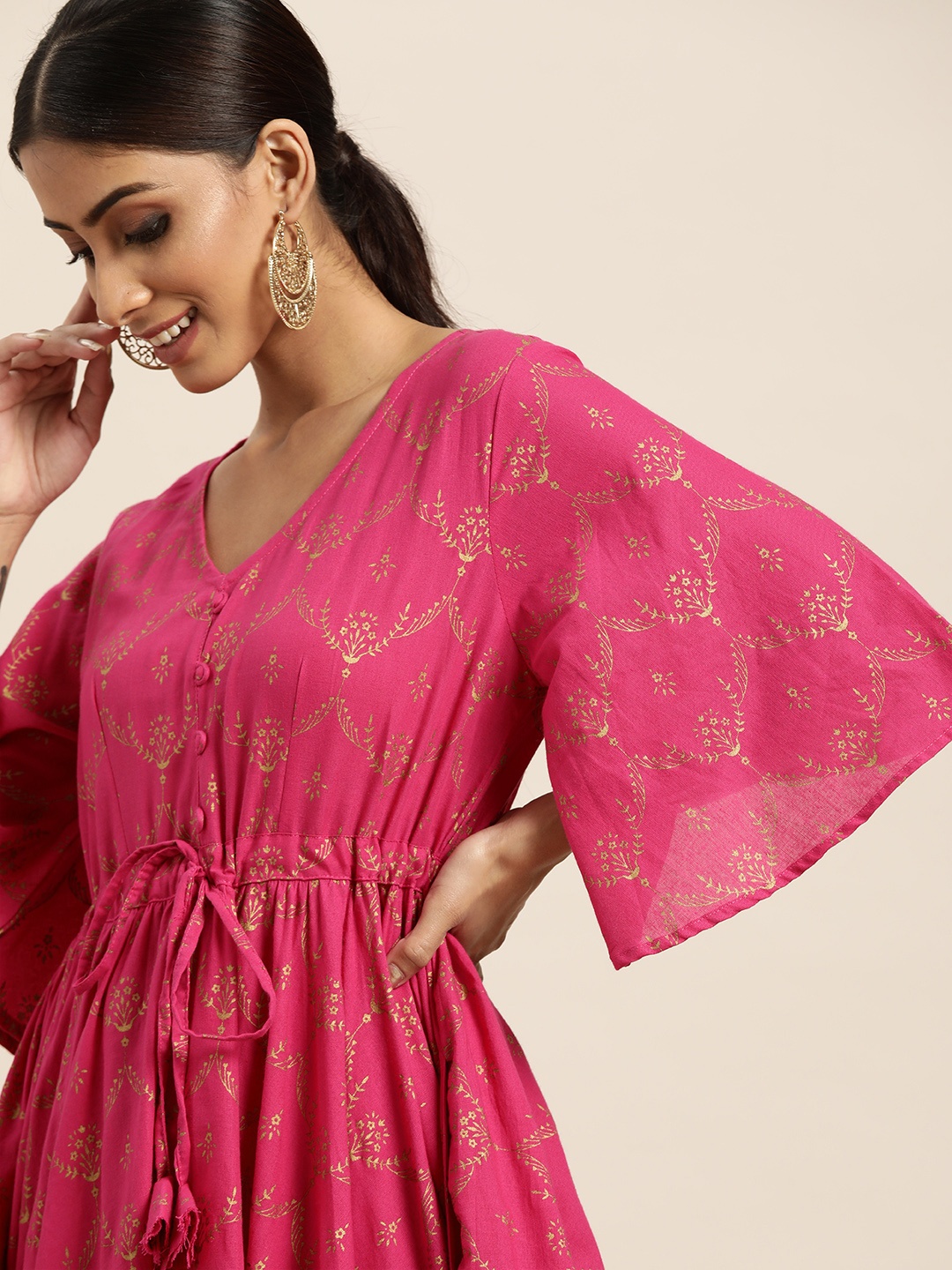 

Sangria Women Pink & Golden Ethnic Motifs Print Pure Cotton A-Line Kurta & Palazzos