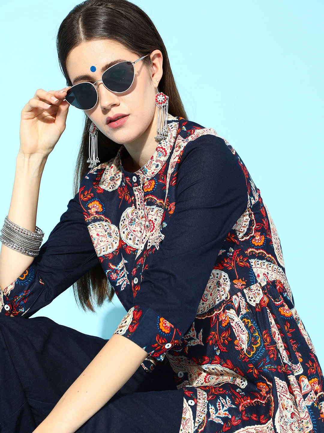 

Sangria Printed Pure Cotton Kurta Set, Navy blue