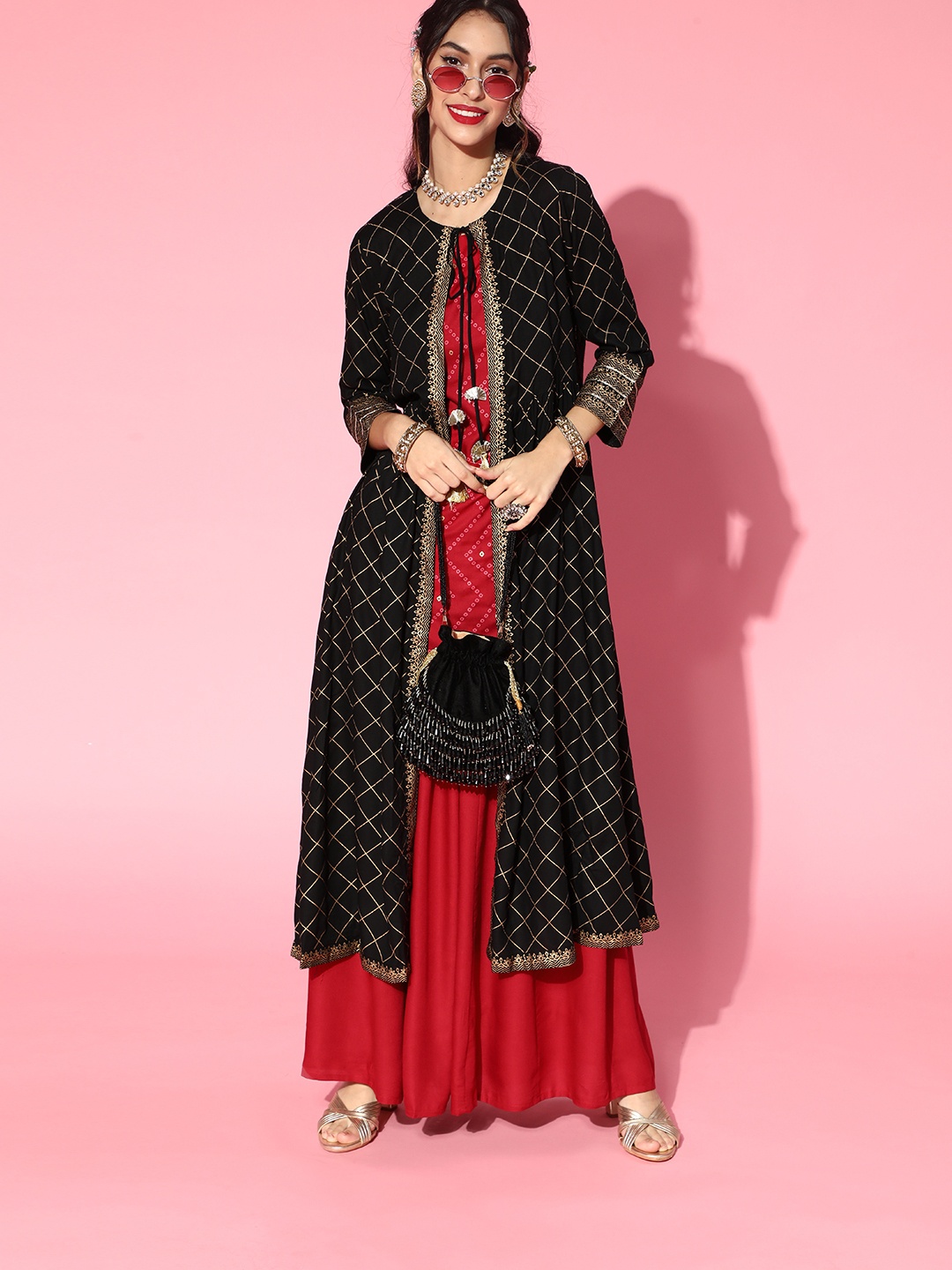 

Sangria Ethnic Motifs Viscose Rayon Kurta Set, Black