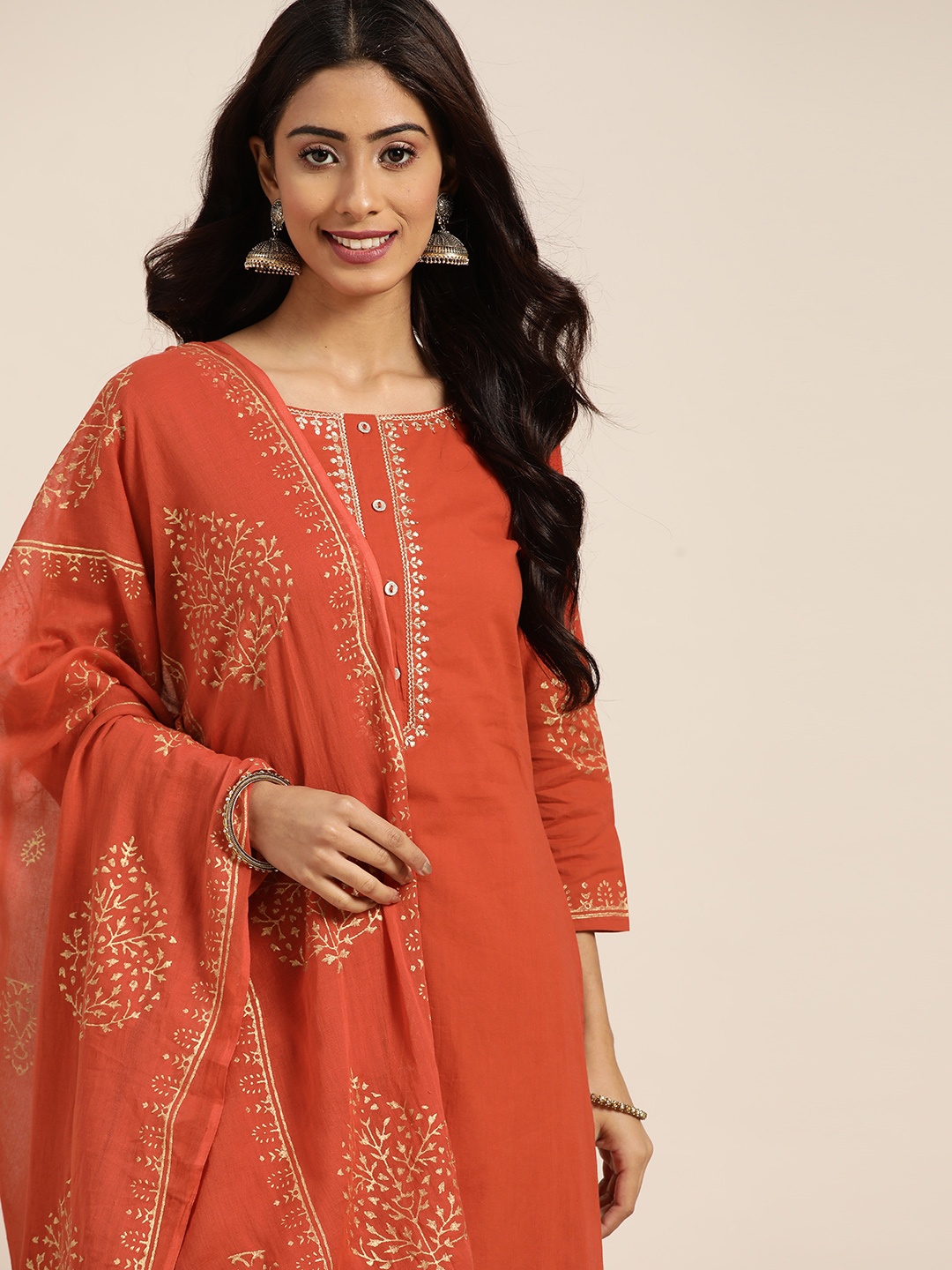 

Sangria Women Rust Orange Thread Work Pure Cotton Kurta with Palazzos & Dupatta