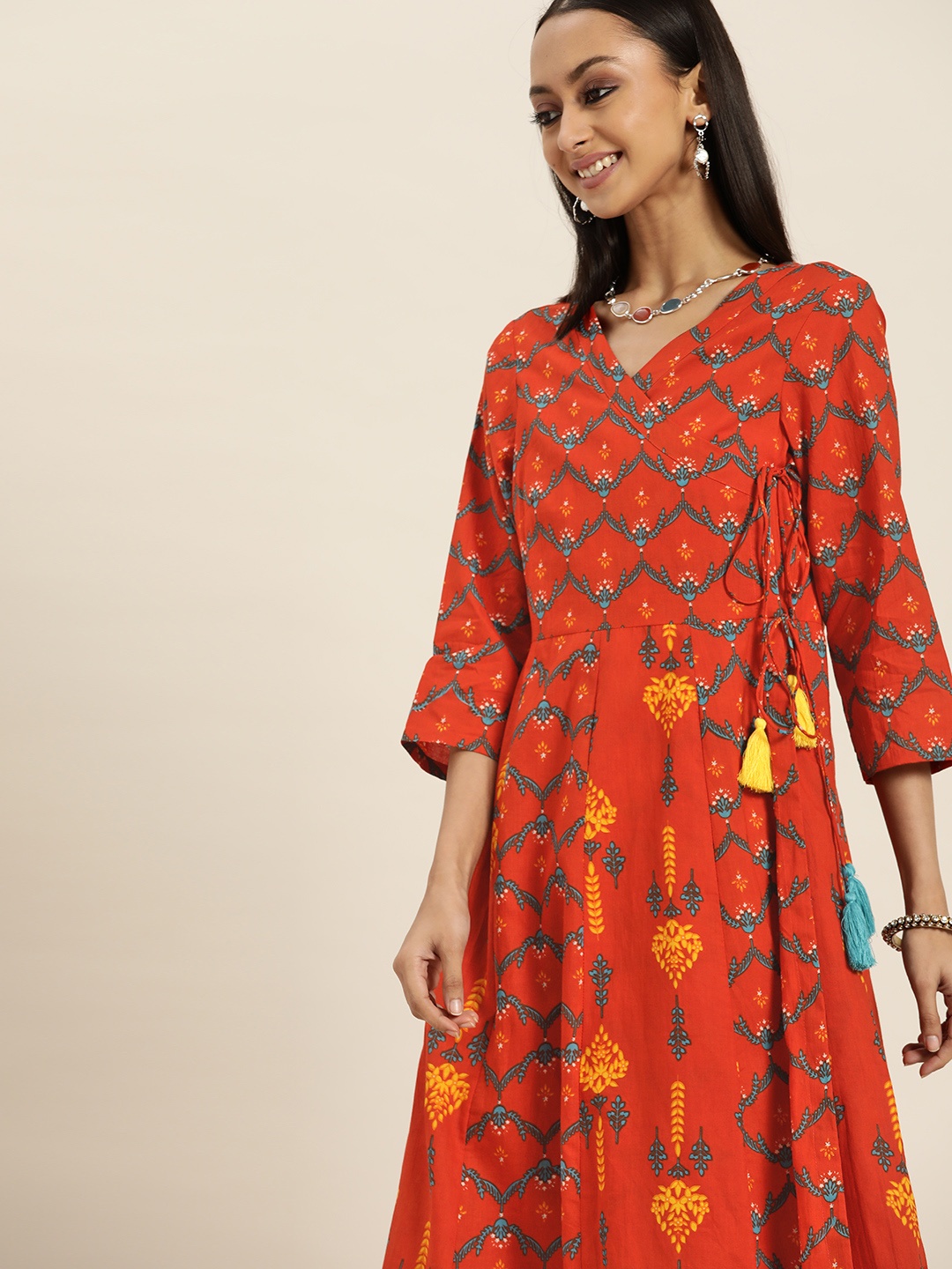 

Sangria Women Orange & Blue Printed Pure Cotton Gotta Patti Angrakha Kurta & Trousers