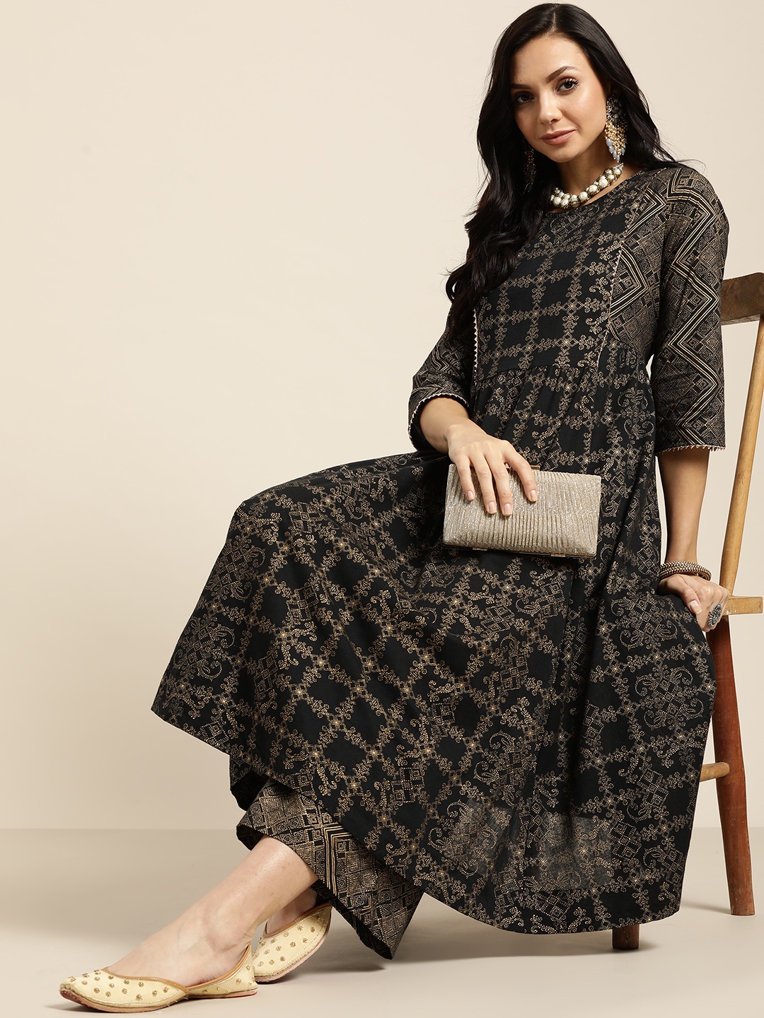 

Sangria Women Black & Golden Ethnic Motifs Printed Pure Cotton Kurta with Palazzos