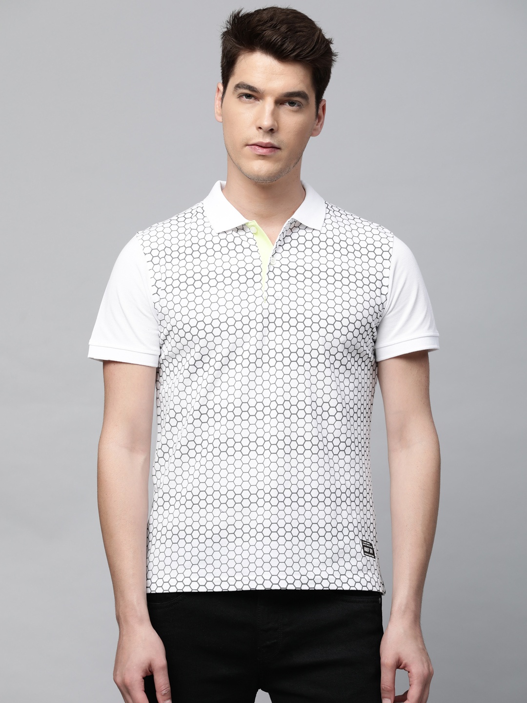 

abof Men White Geometric Printed Polo Collar T-shirt