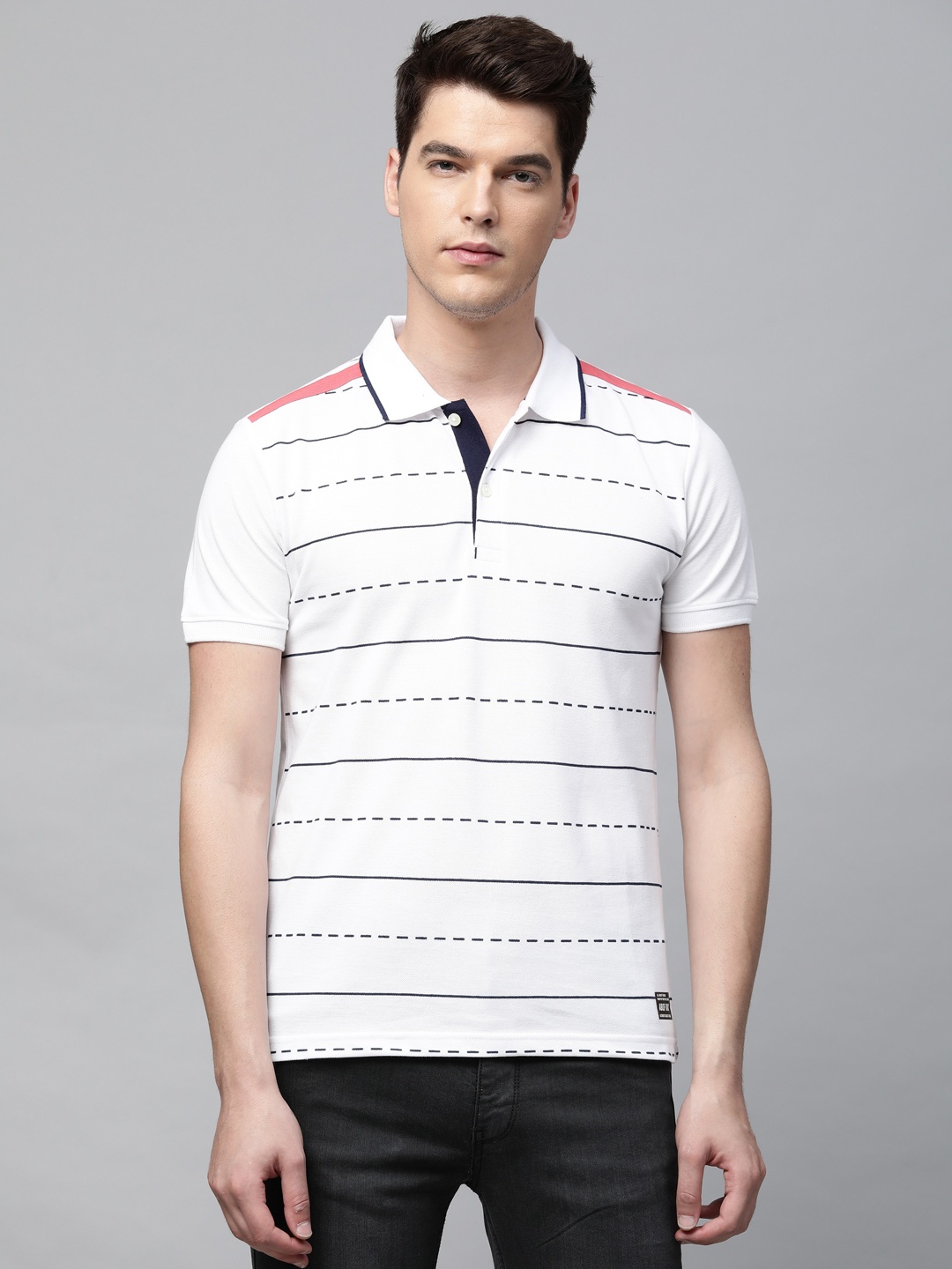 

abof Men White & Black Striped Polo Collar T-shirt