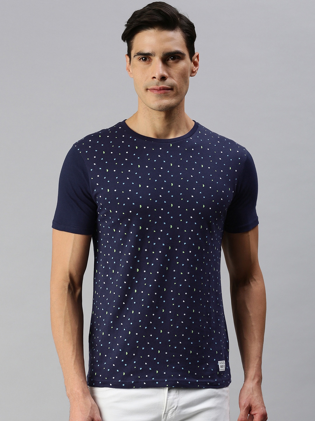 

abof Men Navy Blue & White Polka Dot Printed Short Sleeved Casual T-shirt