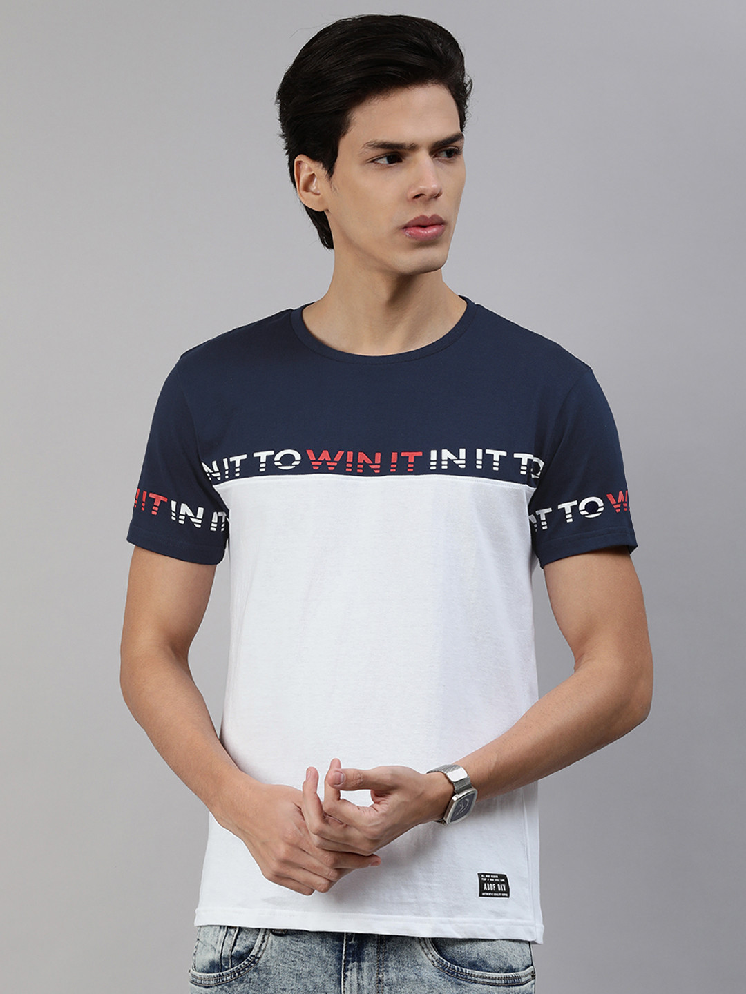 

abof Men White Navy Blue Colourblocked Pure Cotton T-shirt