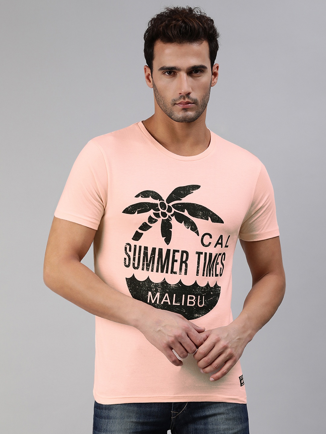 

abof Men Pink Black Printed Tropical Printed Pure Cotton T-shirt