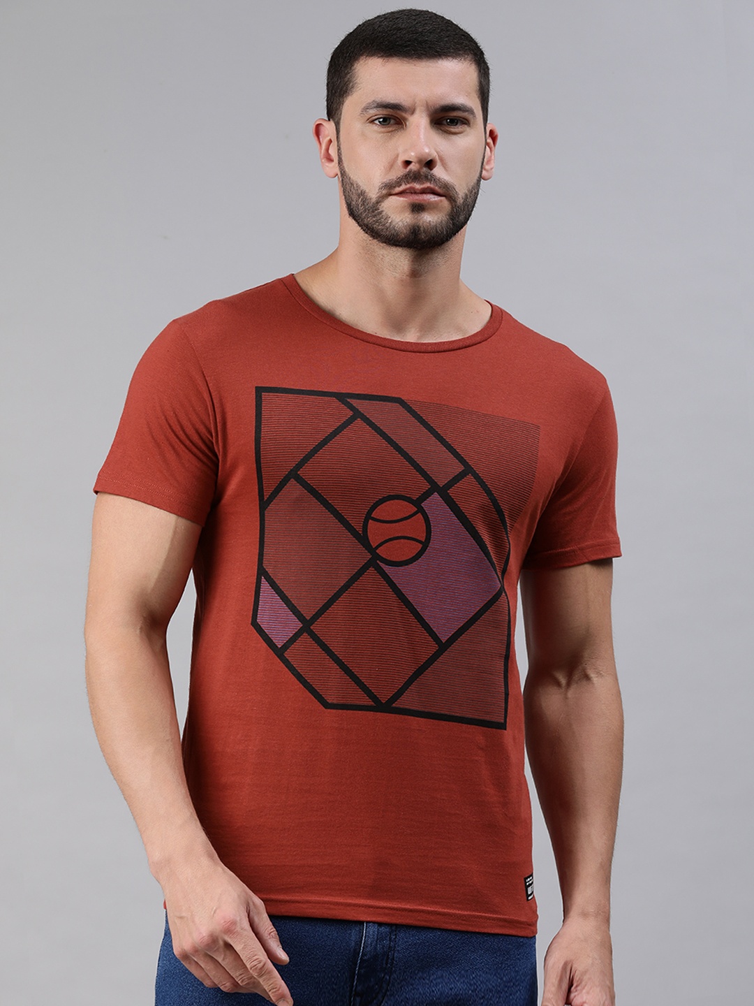 

abof Men Red Geometric Printed Pure Cotton Casual T-shirt