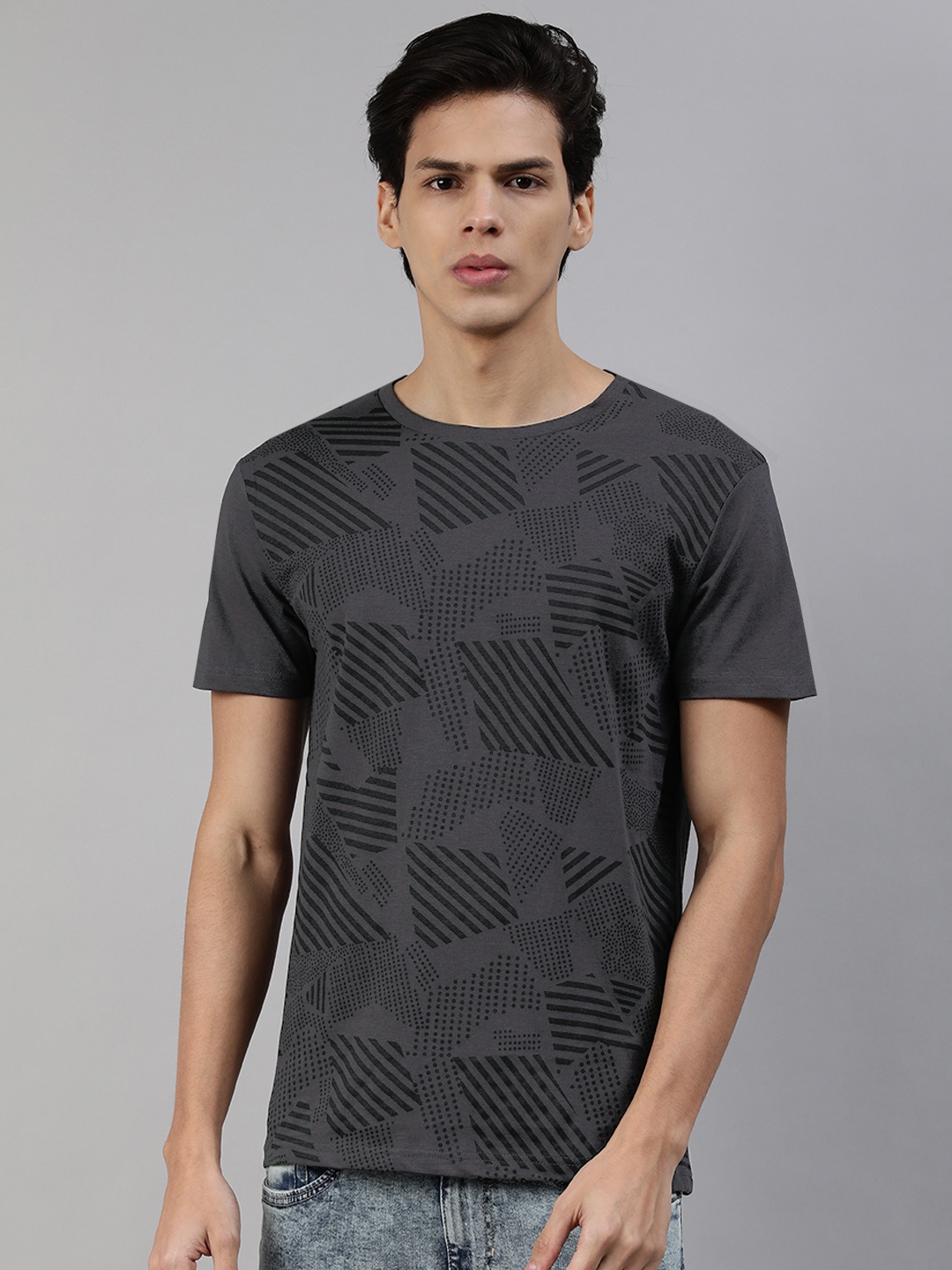 

abof Men Grey Printed Regular Fit Pure Cotton T-shirt