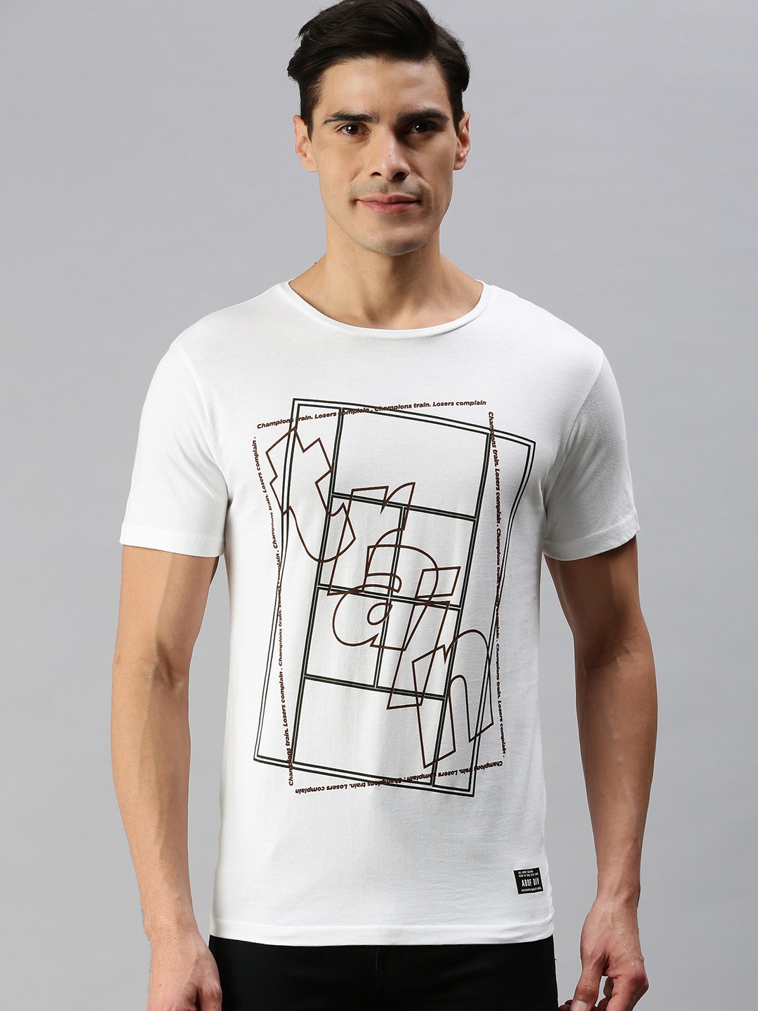

abof Men White & Black Typography Printed Pure Cotton T-shirt