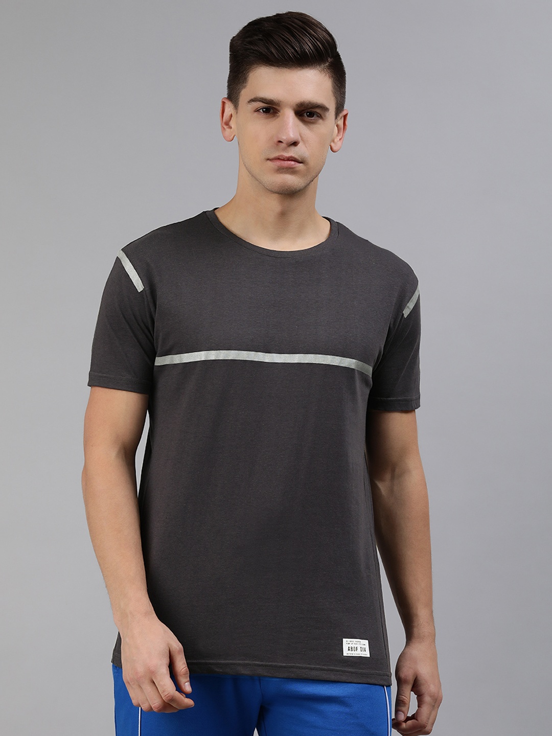 

abof Men Grey & Silver-Toned Striped T-shirt
