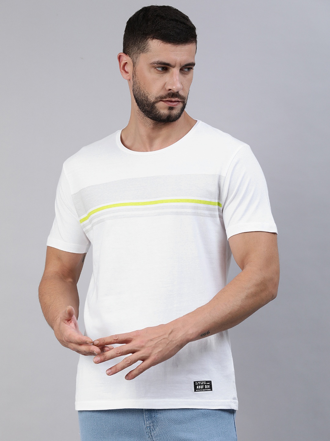 

abof Men White & Grey Striped Pure Cotton T-shirt