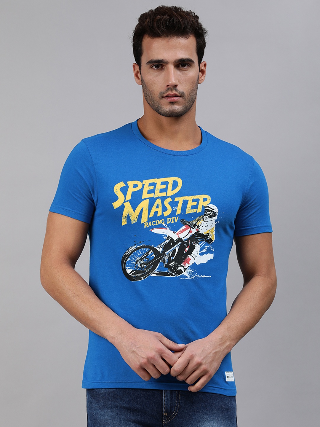 

abof Men Blue Biker Printed Regular Fit Pure Cotton Casual Pure Cotton T-shirt