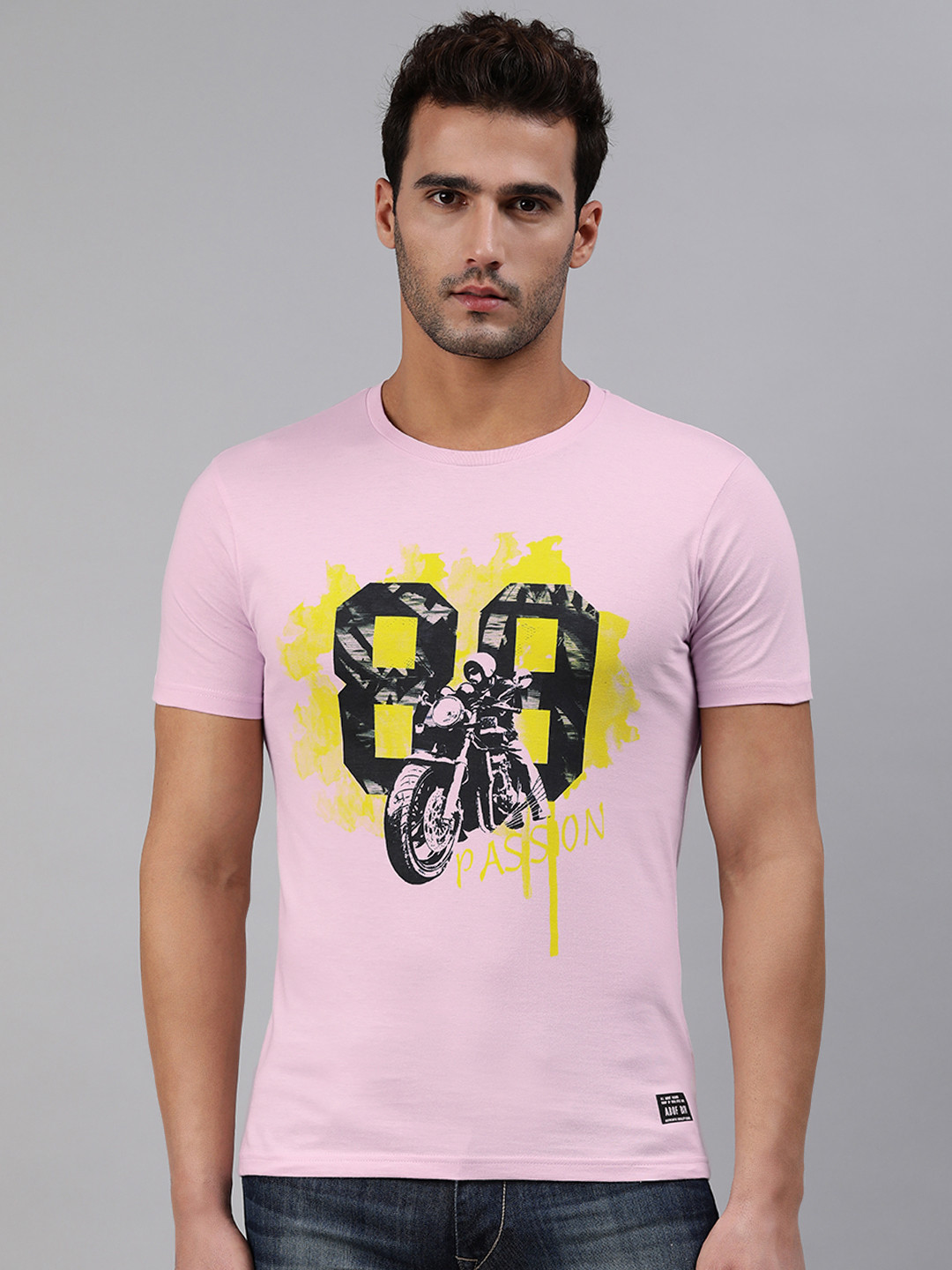 

abof Men Pink Black Biker Printed Pure Cotton T-shirt