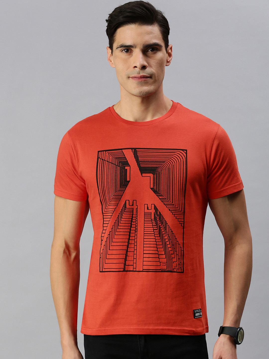 

abof Men Red Geometric Printed Pure Cotton Casual T-shirt