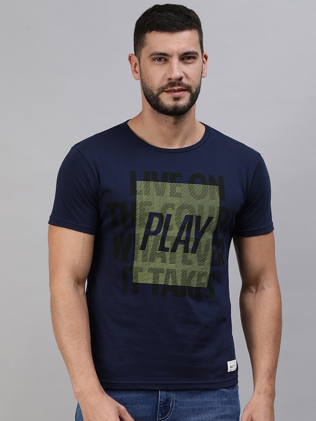 

abof Men Navy Blue Typography Printed Pure Cotton T-shirt