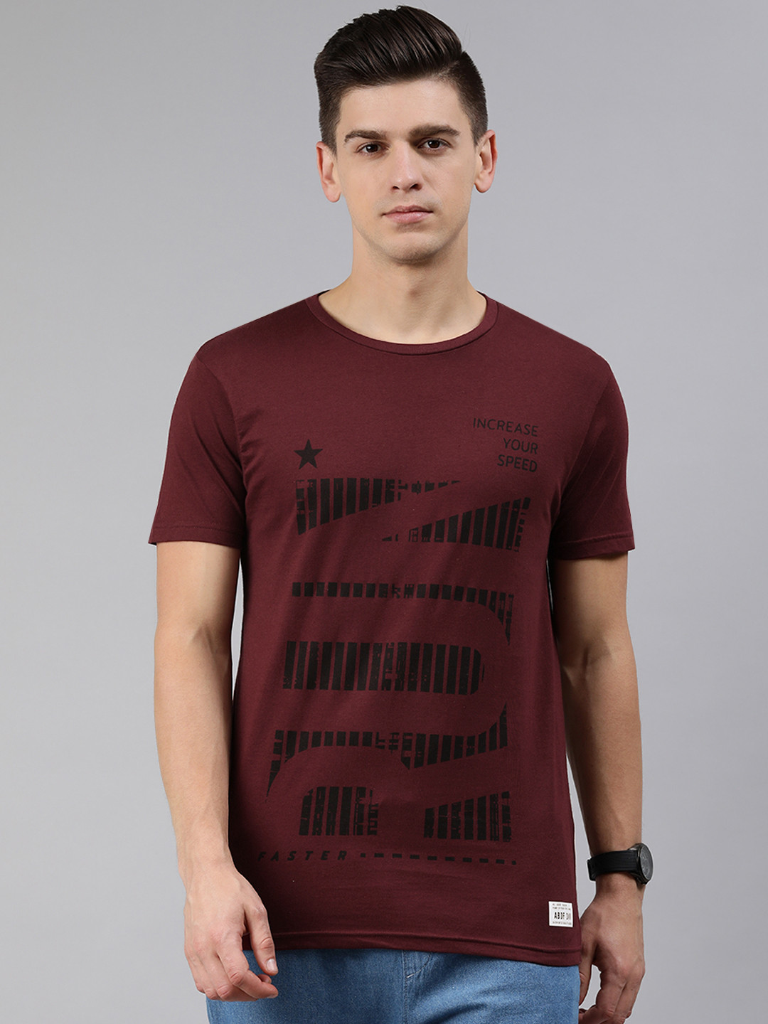 

abof Men Burgundy Typography Printed Pure Cotton T-shirt
