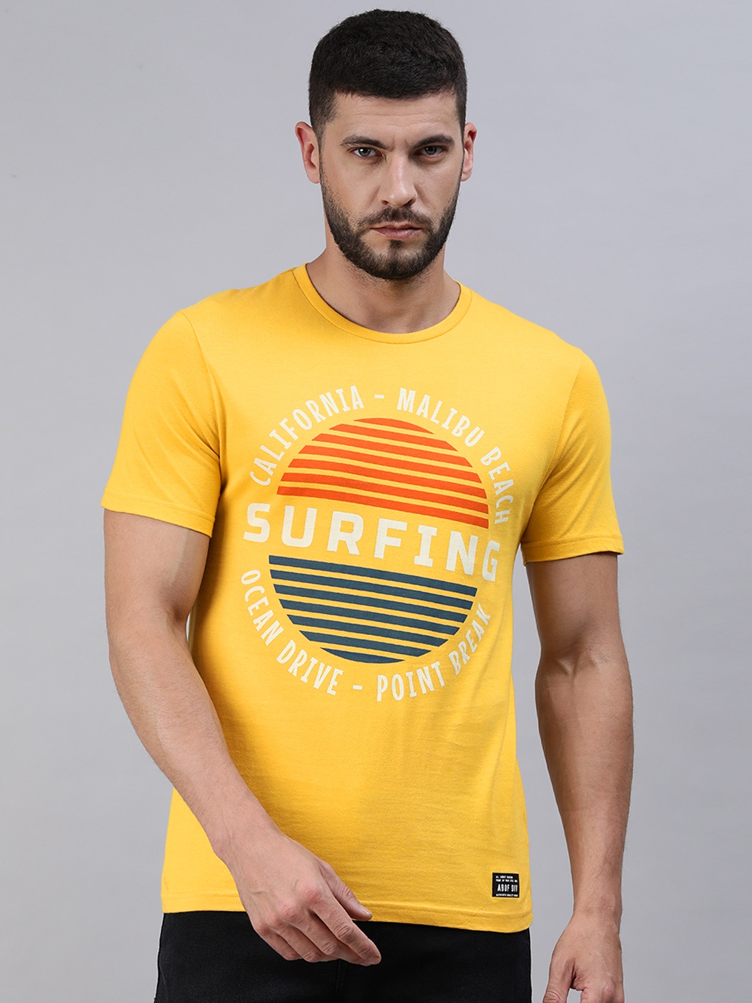

abof Men Yellow & White Typography Printed Pure Cotton Round Neck T-shirt