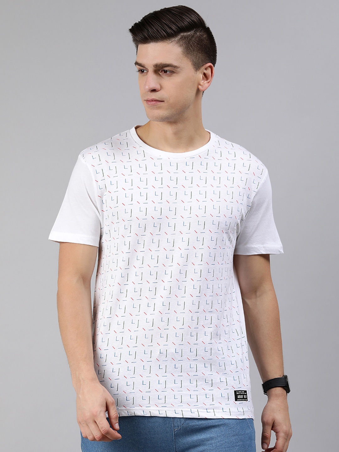 

abof Men White Blue Printed Pure Cotton T-shirt