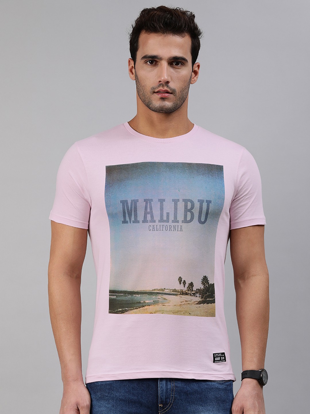 

abof Men Pink Blue Printed Regular Fit Pure Cotton Casual Pure Cotton T-shirt