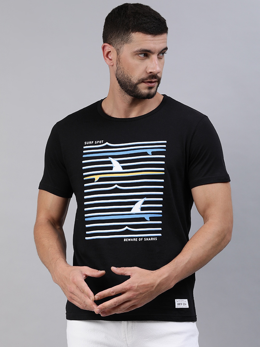 

abof Men Black Graphic Printed Pure Cotton Casual T-shirt