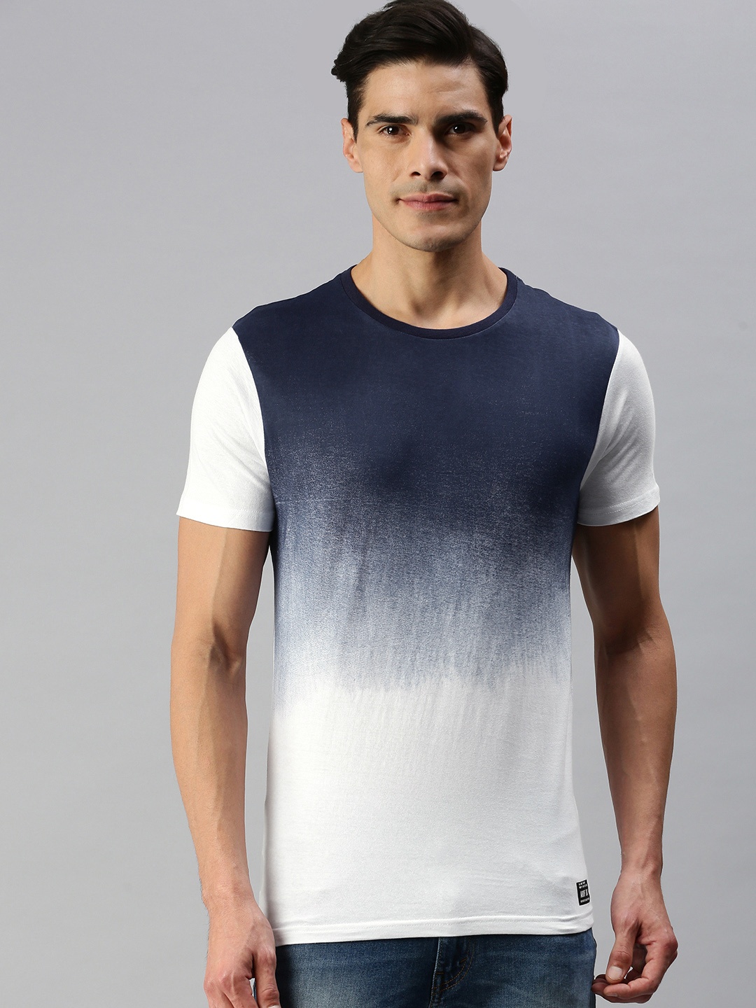 

abof Men Navy Blue & White Colourblocked T-shirt