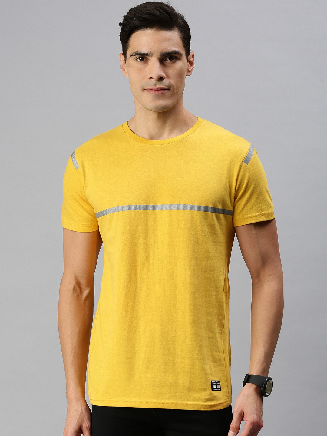 

abof Men Yellow Striped Pure Cotton T-shirt