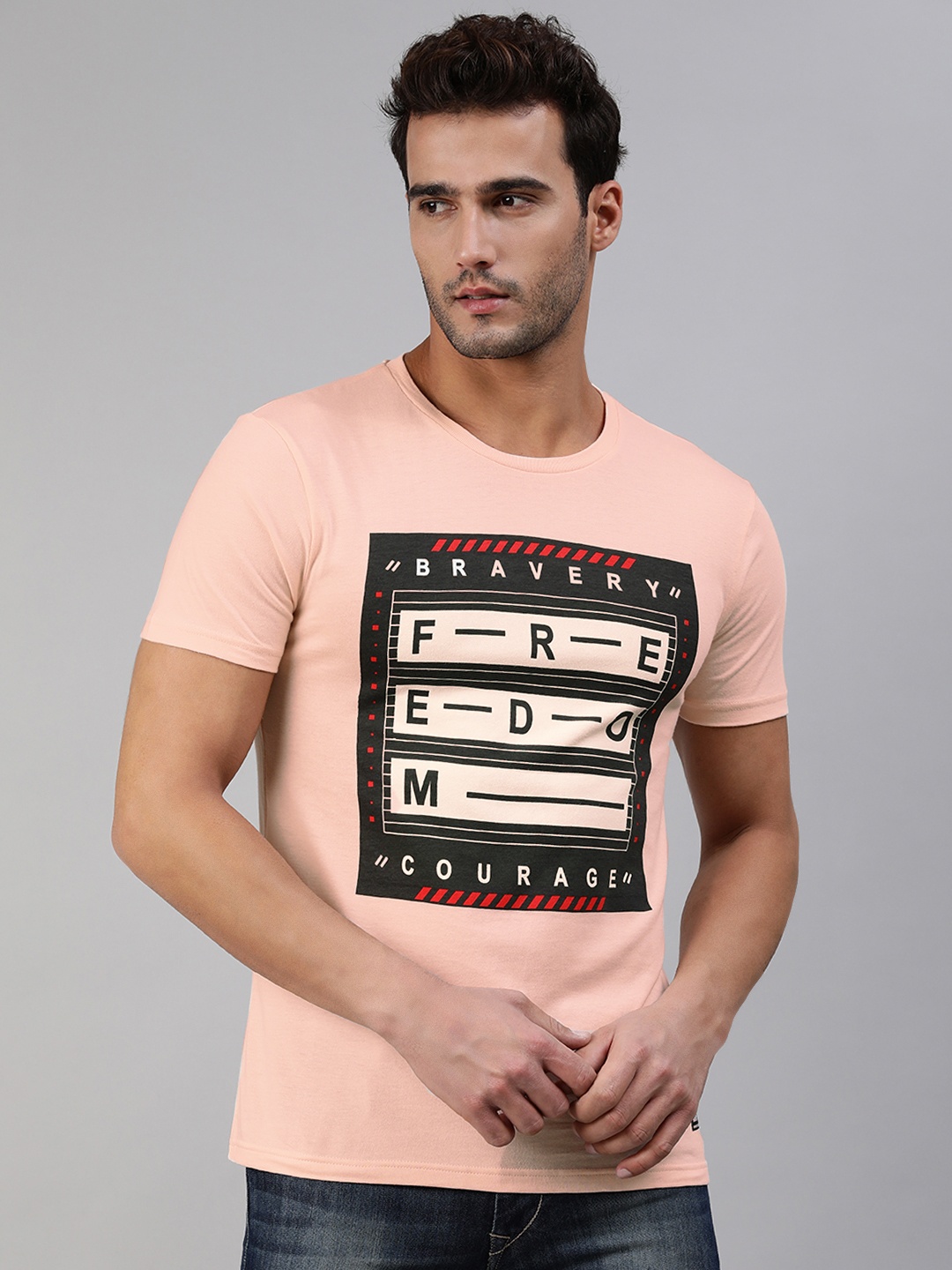 

abof Men Pink Black Typography Printed Pure Cotton T-shirt