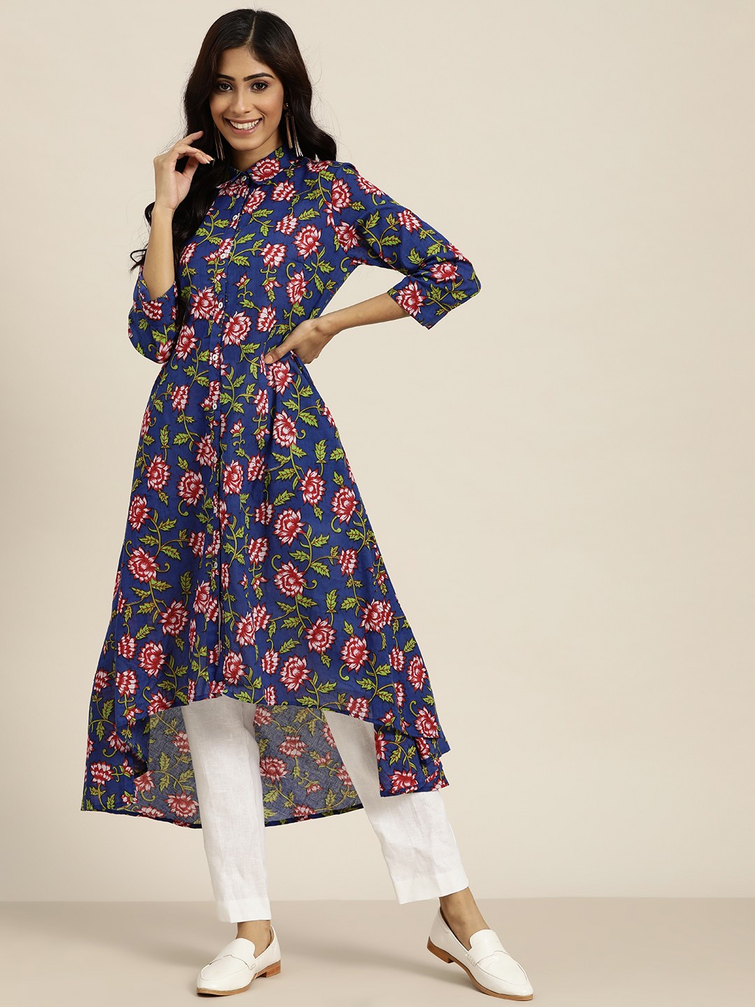 

Sangria Women Blue & Red Pure Cotton Floral Print High-Low Kurta