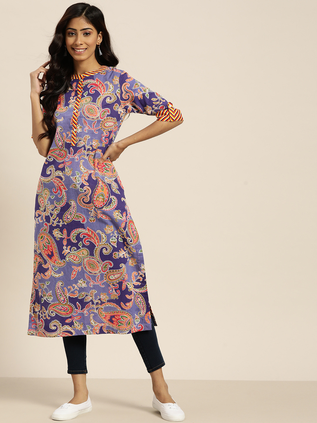 

Sangria Women Purple & Coral Orange Pure Cotton Ethnic Motifs Printed Straight Kurta