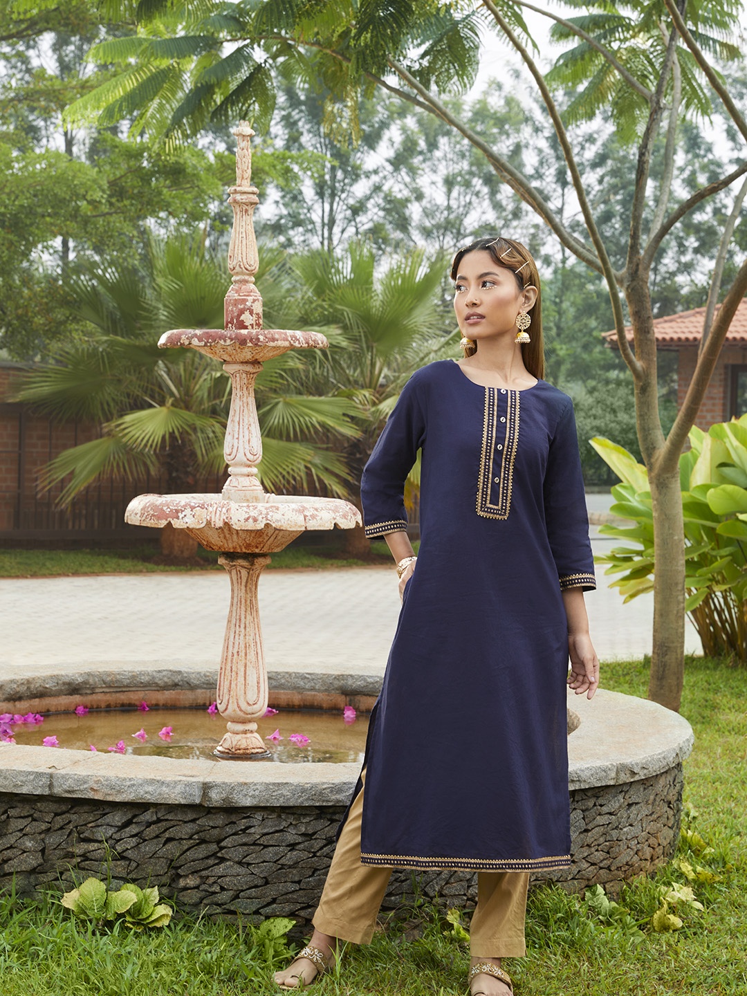 

Sangria Women Navy Blue & Beige Cotton Yoke Design Gotta Patti Kurta