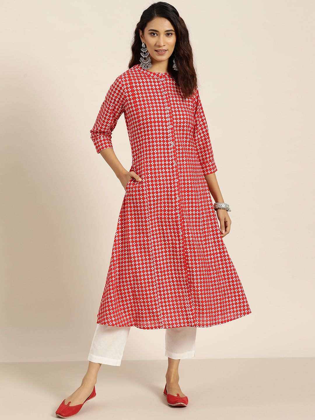 

Sangria Women Red & White Pure Cotton Ethnic Motifs Printed Kurta