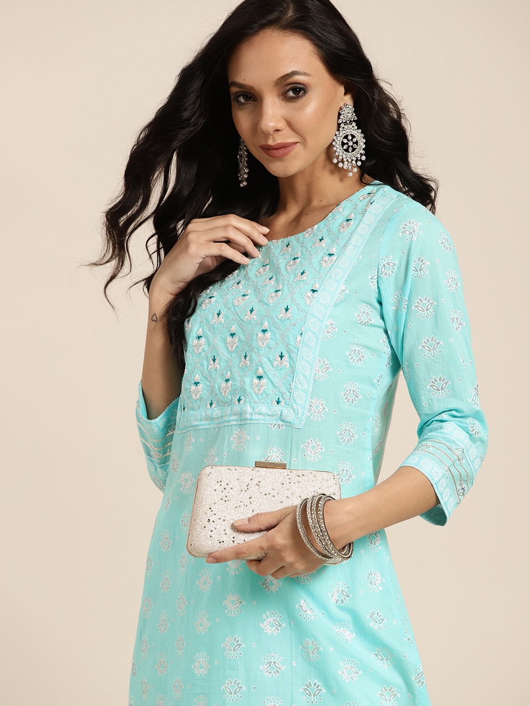 

Sangria Women Blue Ethnic Motifs Printed Thread Work Kurta