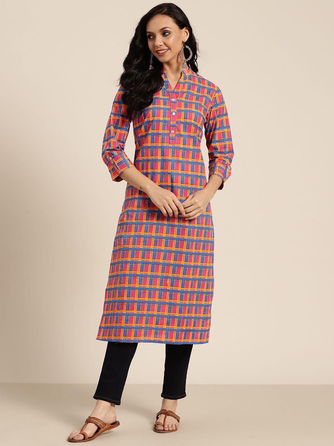

Sangria Women Pink & Blue Pure Cotton Geometric Printed Kurta